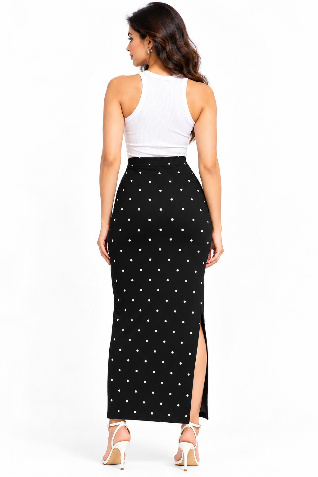 Women's Black Stretchable Long Pencil Skirt with White Polka Dot Print and Side Slit