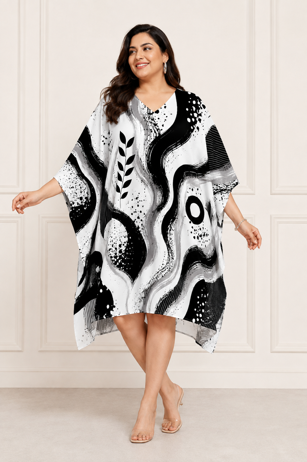 Black & White Abstract Print Kaftan Dress – Plus Size - Western Wear - side view | Qikink