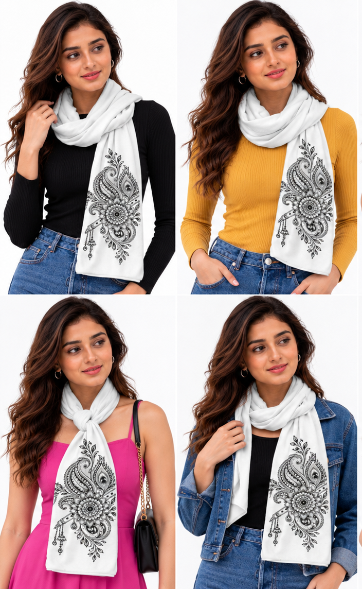 Ajaini Krishna-Inspired Paisley Mural Art Stole for Women – Soft Polywoven Satin