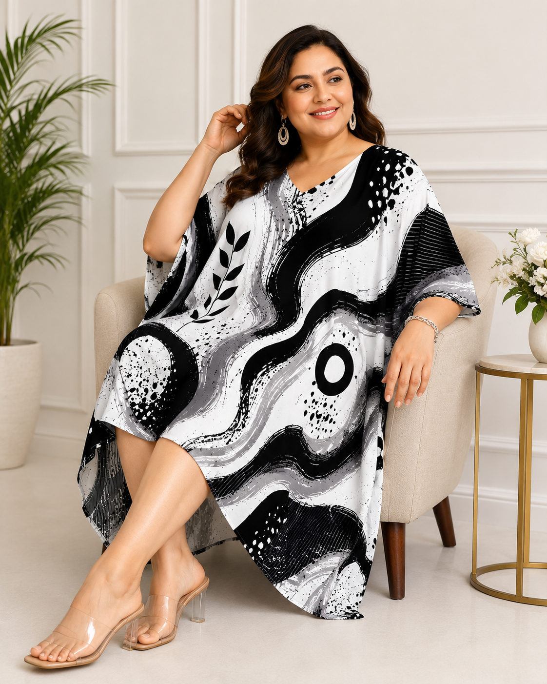 Black & White Abstract Print Kaftan Dress – Plus Size - Western Wear - styled full look | Qikink