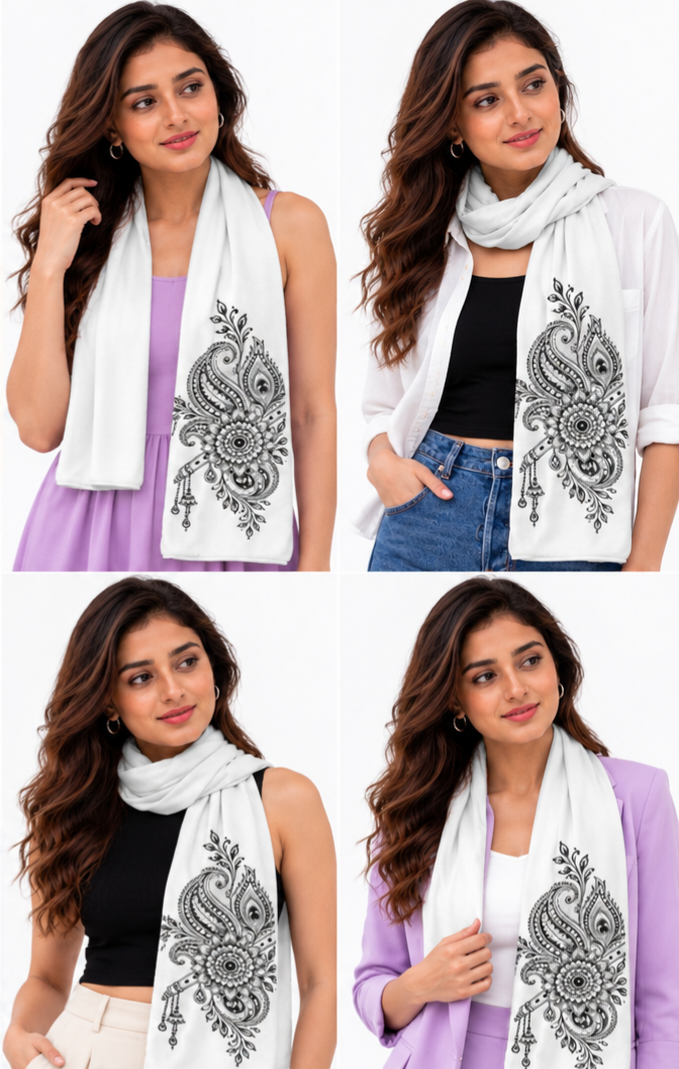 Ajaini Krishna-Inspired Paisley Mural Art Stole for Women – Soft Polywoven Satin