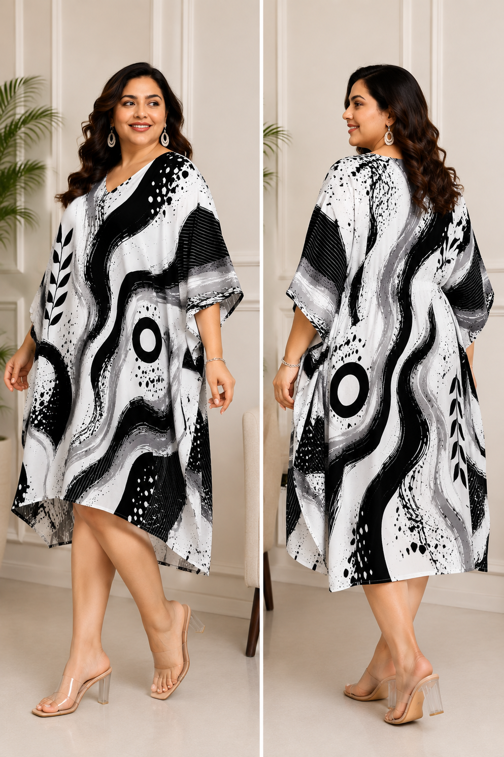 Black & White Abstract Print Kaftan Dress – Plus Size - Western Wear - back view | Qikink