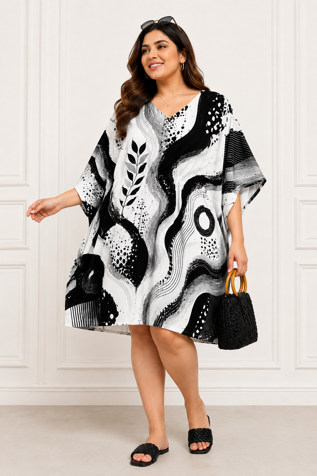 Black & White Abstract Print Kaftan Dress – Plus Size - Western Wear - close-up detail view | Qikink