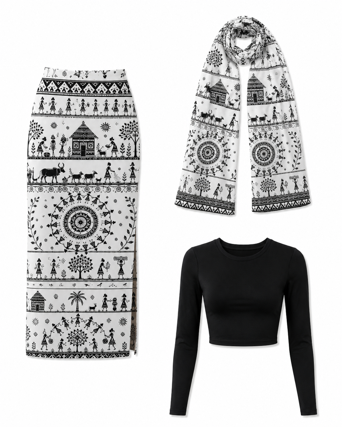 Black & White Warli Art 3-Piece Co-Ord Set for Women - Western Wear - styled full look | Qikink