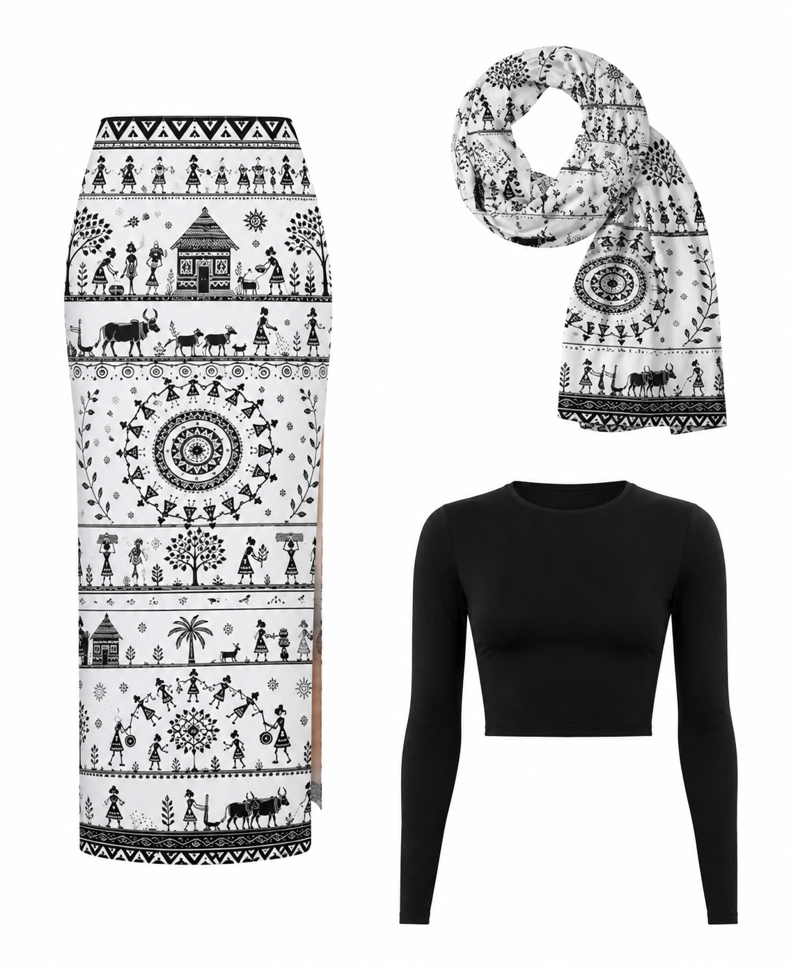 Black & White Warli Art 3-Piece Co-Ord Set for Women - Western Wear - close-up detail view | Qikink