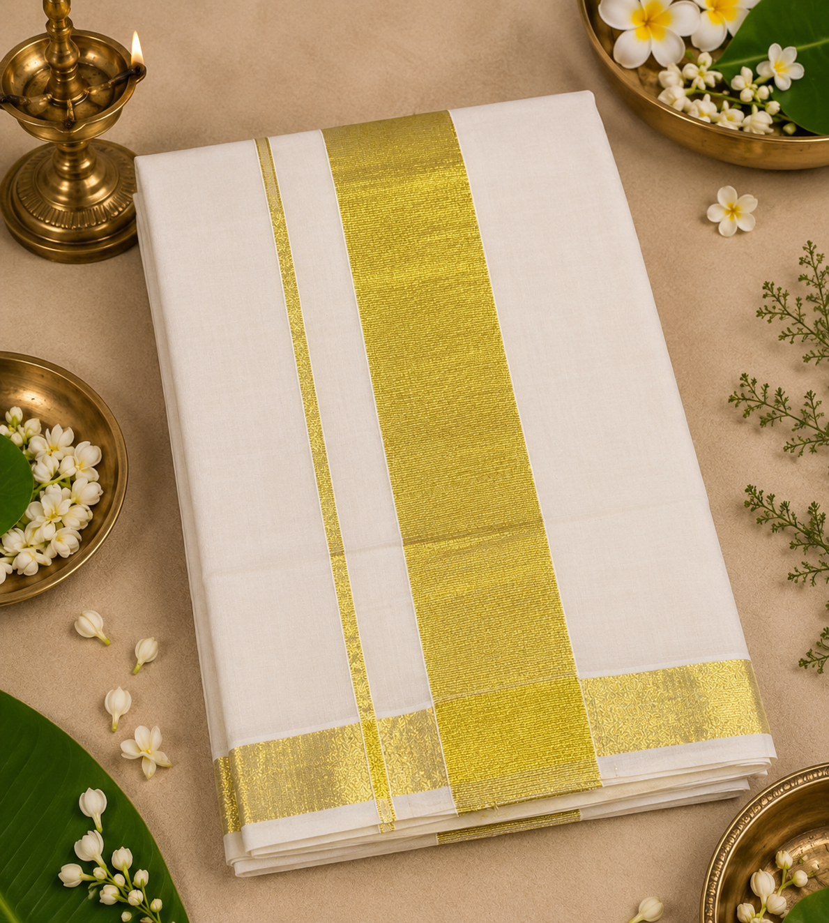 Pure Kerala Kasavu Handwoven Cotton Saree – Off-White & Gold - styled full look | Chindak Textiles