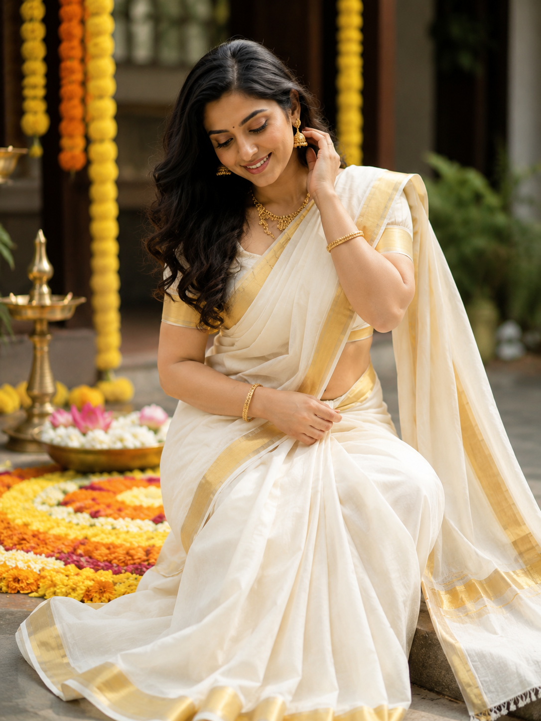 Pure Kerala Kasavu Handwoven Cotton Saree – Off-White & Gold - close-up detail view | Chindak Textiles