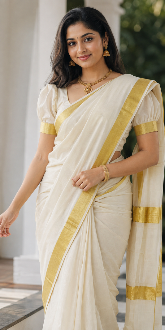 Pure Kerala Kasavu Handwoven Cotton Saree – Off-White & Gold - front view | Chindak Textiles