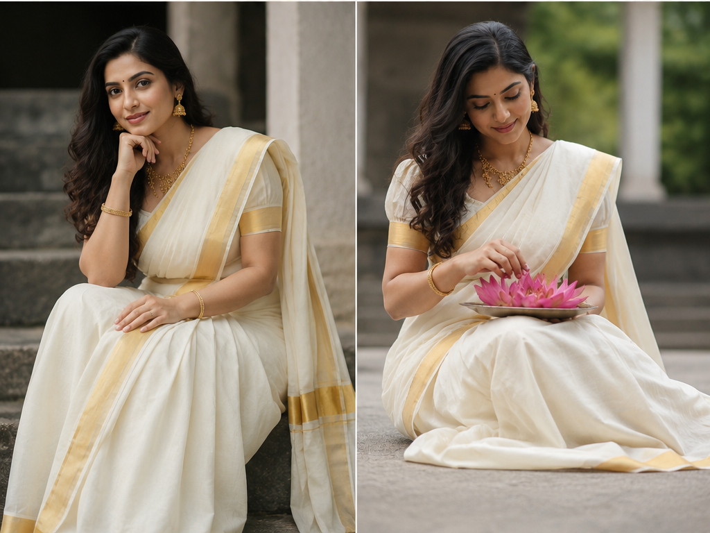 Pure Kerala Kasavu Handwoven Cotton Saree – Off-White & Gold - back view | Chindak Textiles