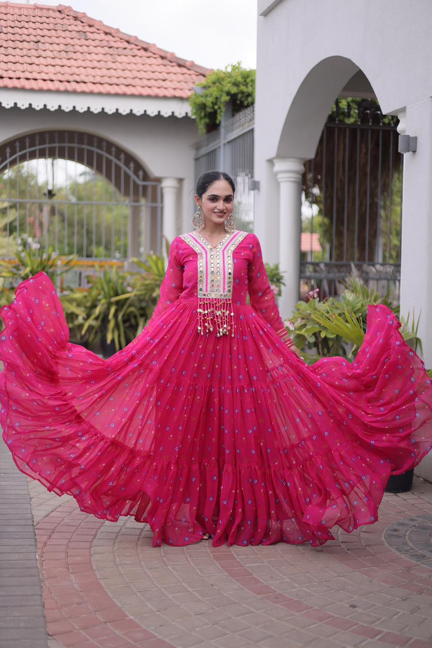 Hot Pink Laheriya Print Kutchi Patchwork Gown - Western Wear - front view | Nardev Fashions