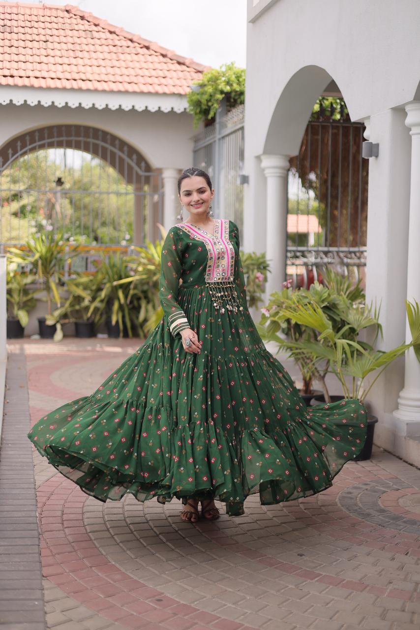 Bottle Green Laheriya Print Kutchi Patchwork Gown - Western Wear - close-up detail view | Nardev Fashions