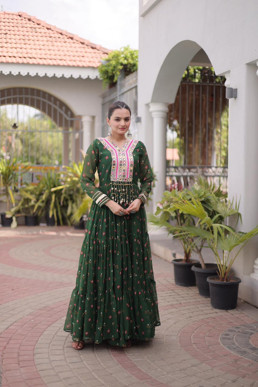 Bottle Green Laheriya Print Kutchi Patchwork Gown - Western Wear - back view | Nardev Fashions