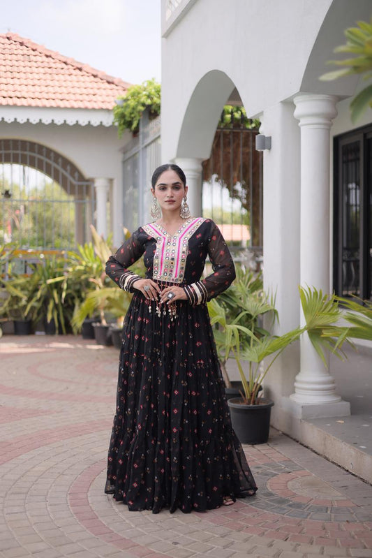 Jet Black Laheriya Print Kutchi Patchwork Gown - Western Wear - front view | Nardev Fashions