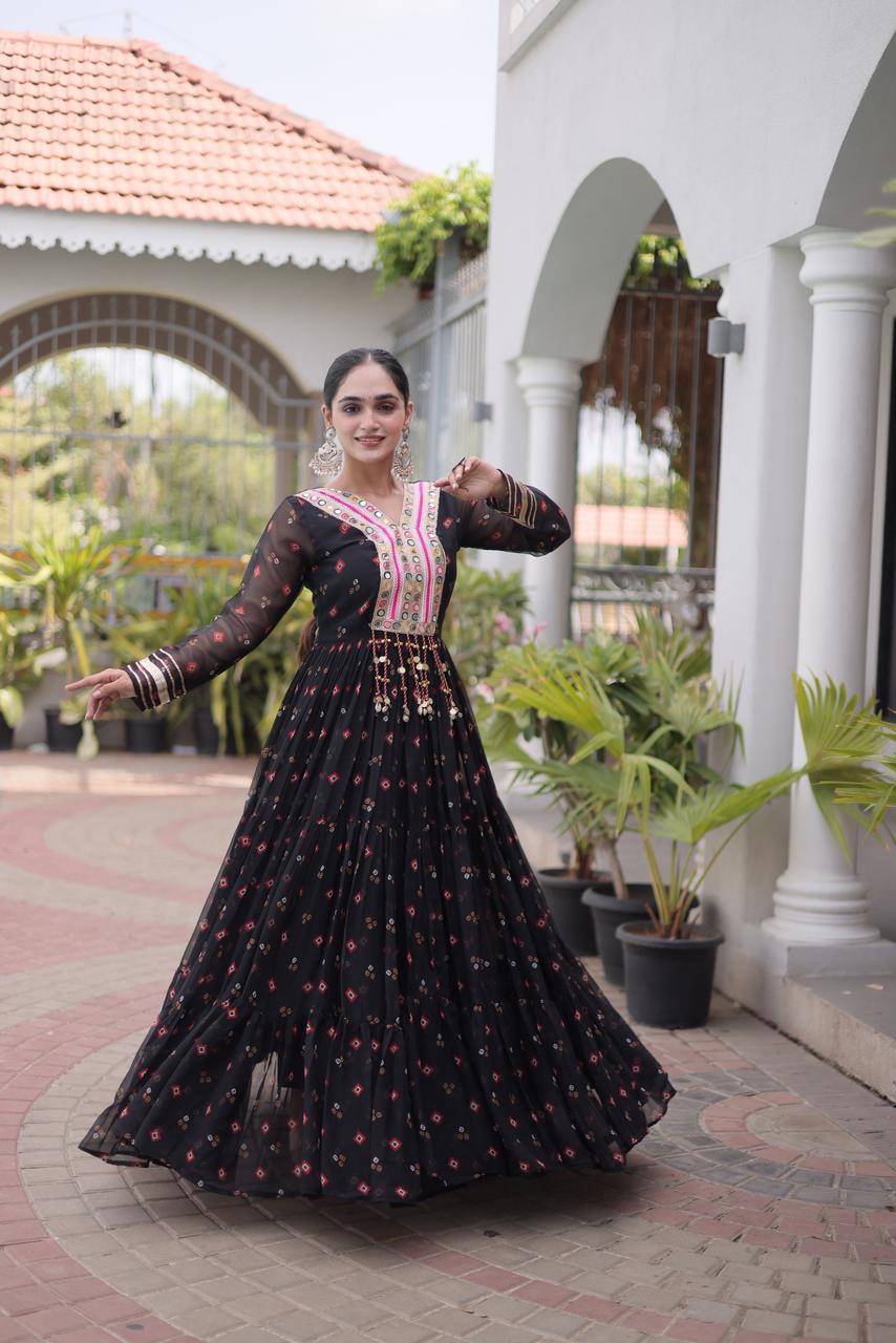 Jet Black Laheriya Print Kutchi Patchwork Gown - Western Wear - close-up detail view | Nardev Fashions