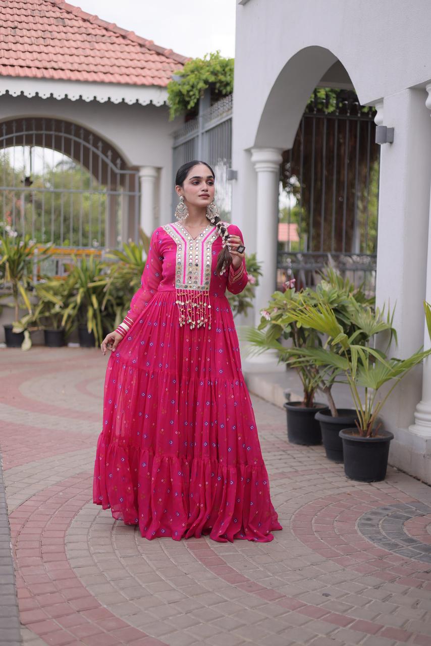 Hot Pink Laheriya Print Kutchi Patchwork Gown - Western Wear - close-up detail view | Nardev Fashions