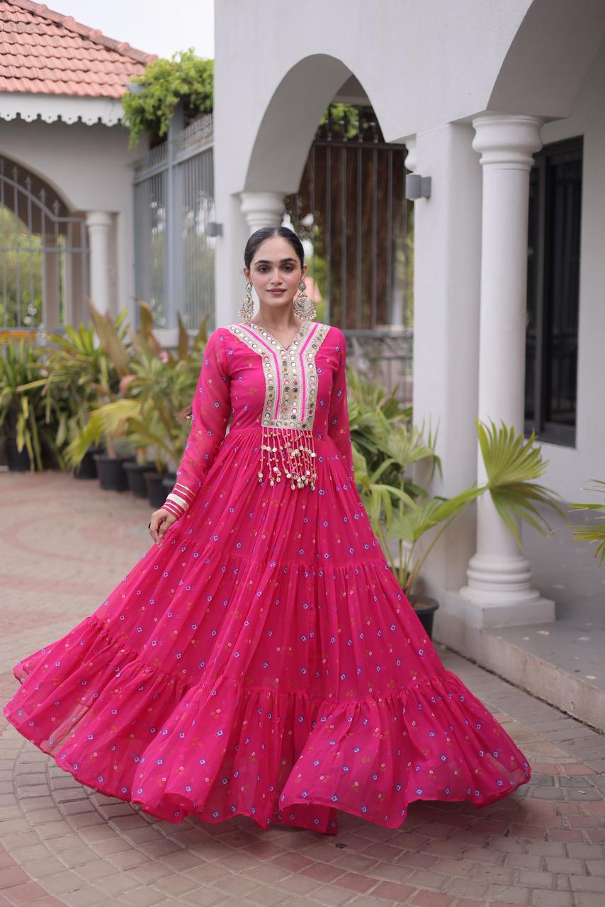 Hot Pink Laheriya Print Kutchi Patchwork Gown - Western Wear - back view | Nardev Fashions