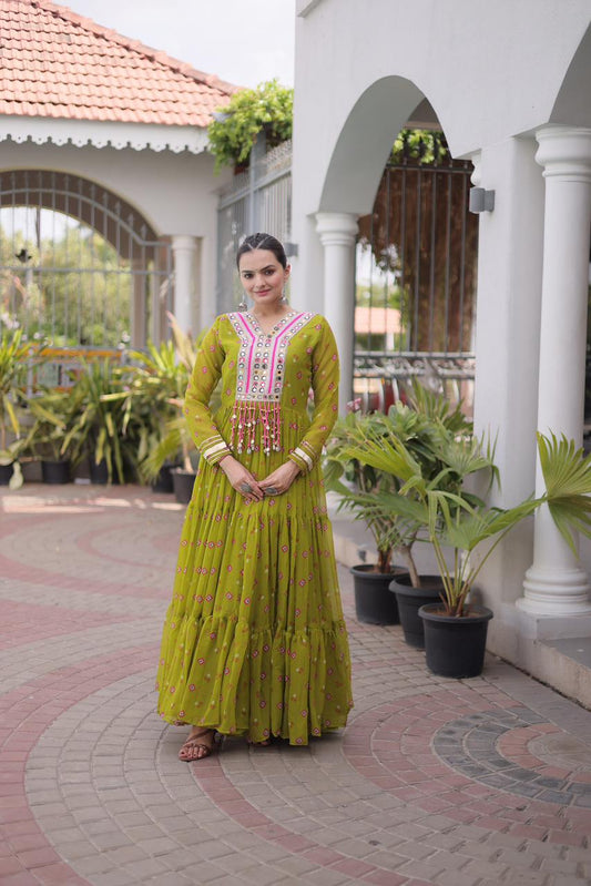 Lime Yellow Laheriya Print Kutchi Patchwork Gown - Western Wear - front view | Nardev Fashions