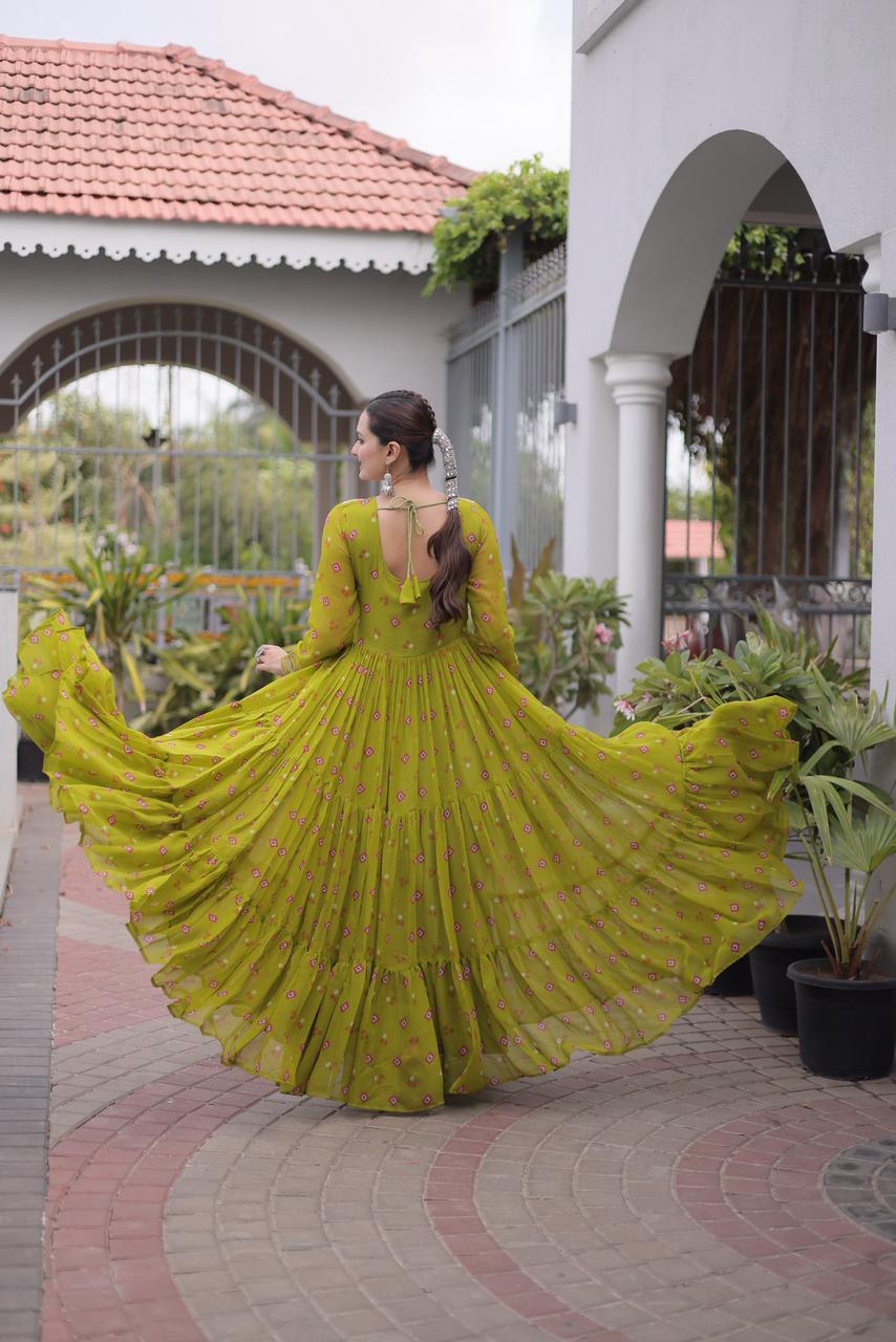Lime Yellow Laheriya Print Kutchi Patchwork Gown - Western Wear - close-up detail view | Nardev Fashions