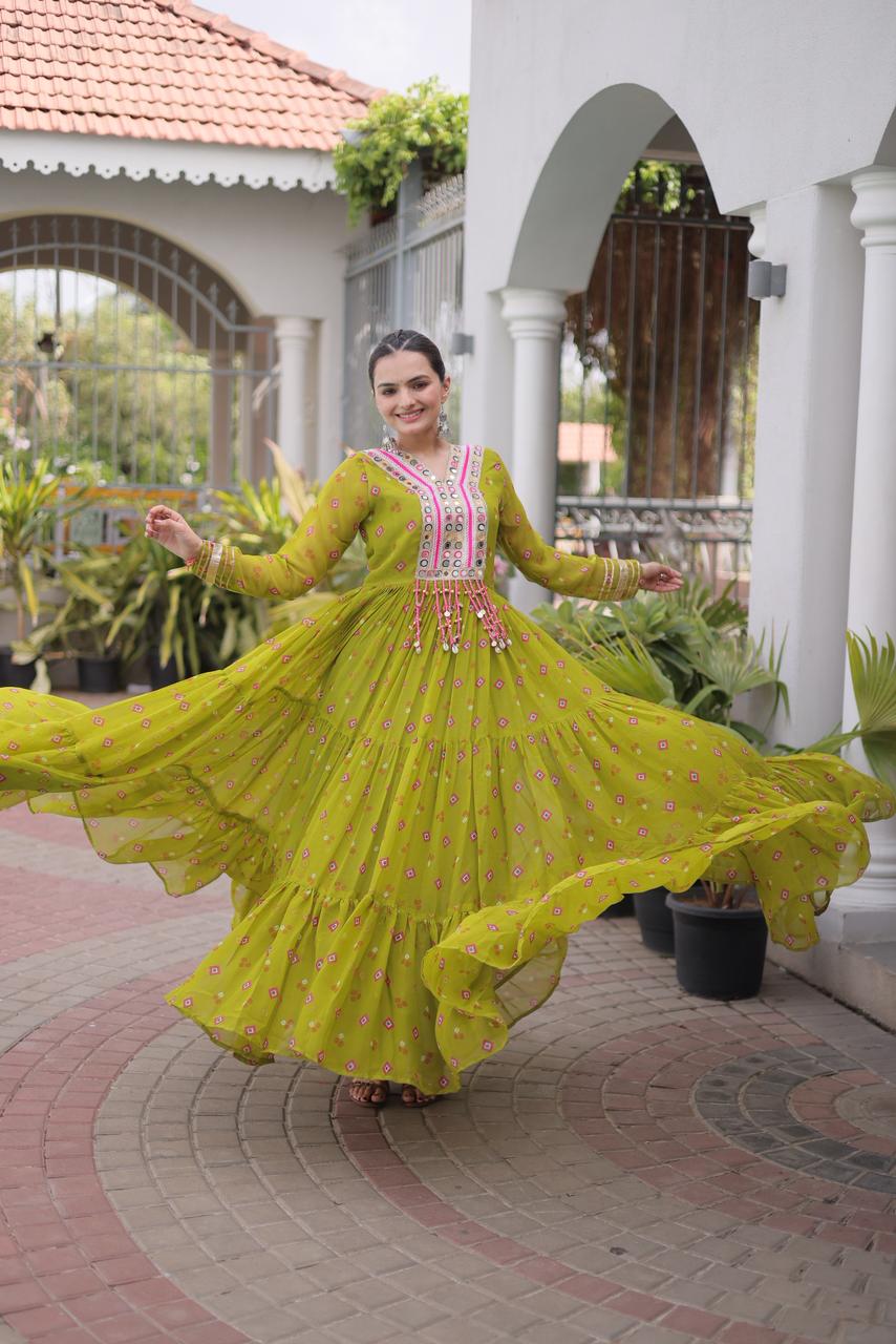 Lime Yellow Laheriya Print Kutchi Patchwork Gown - Western Wear - back view | Nardev Fashions