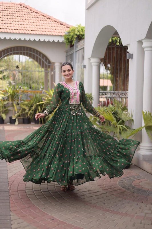 Bottle Green Laheriya Print Kutchi Patchwork Gown - Western Wear - front view | Nardev Fashions