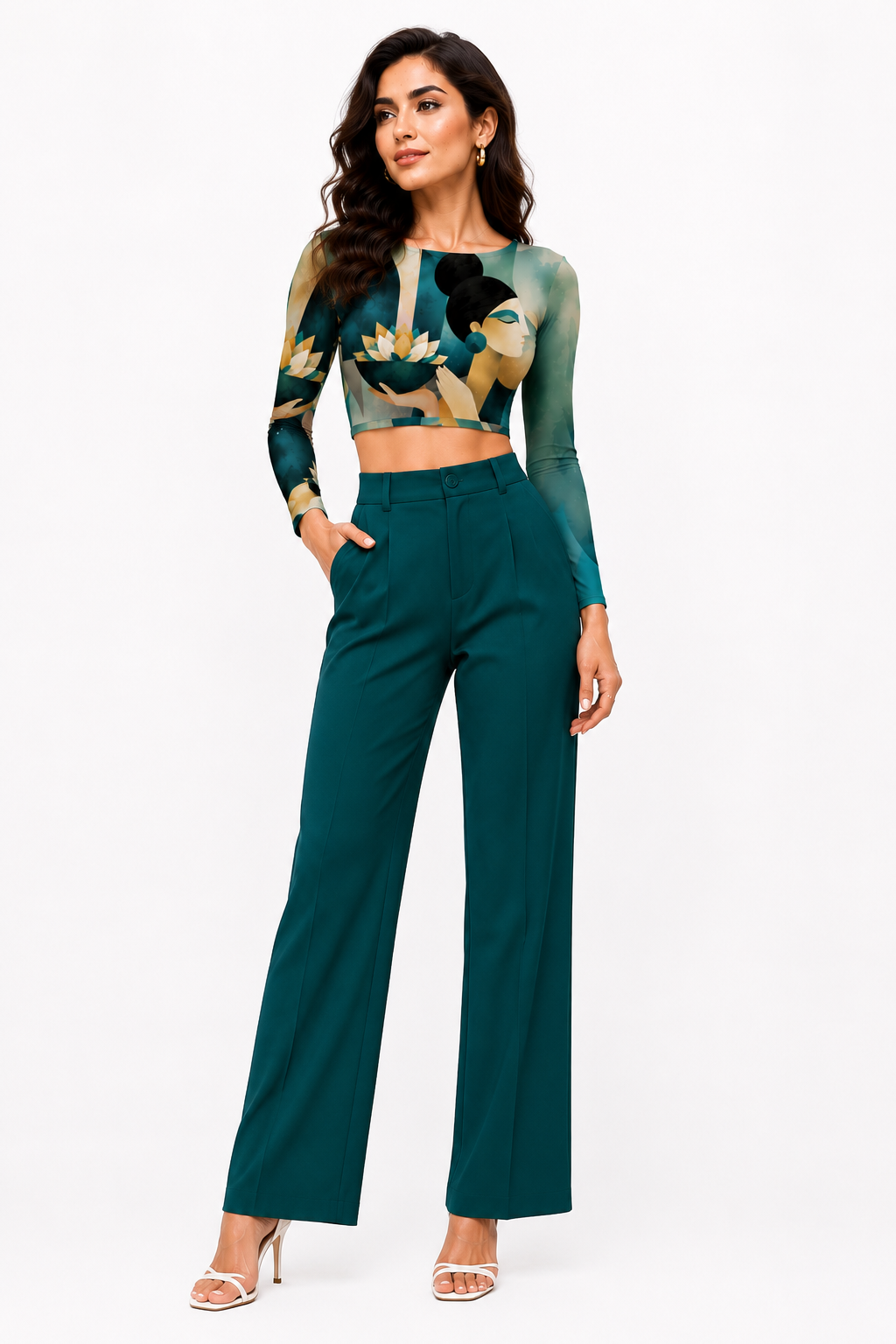 Artistic Teal & Gold Printed Full-Sleeve Crop Top for Women – Statement Contemporary Top