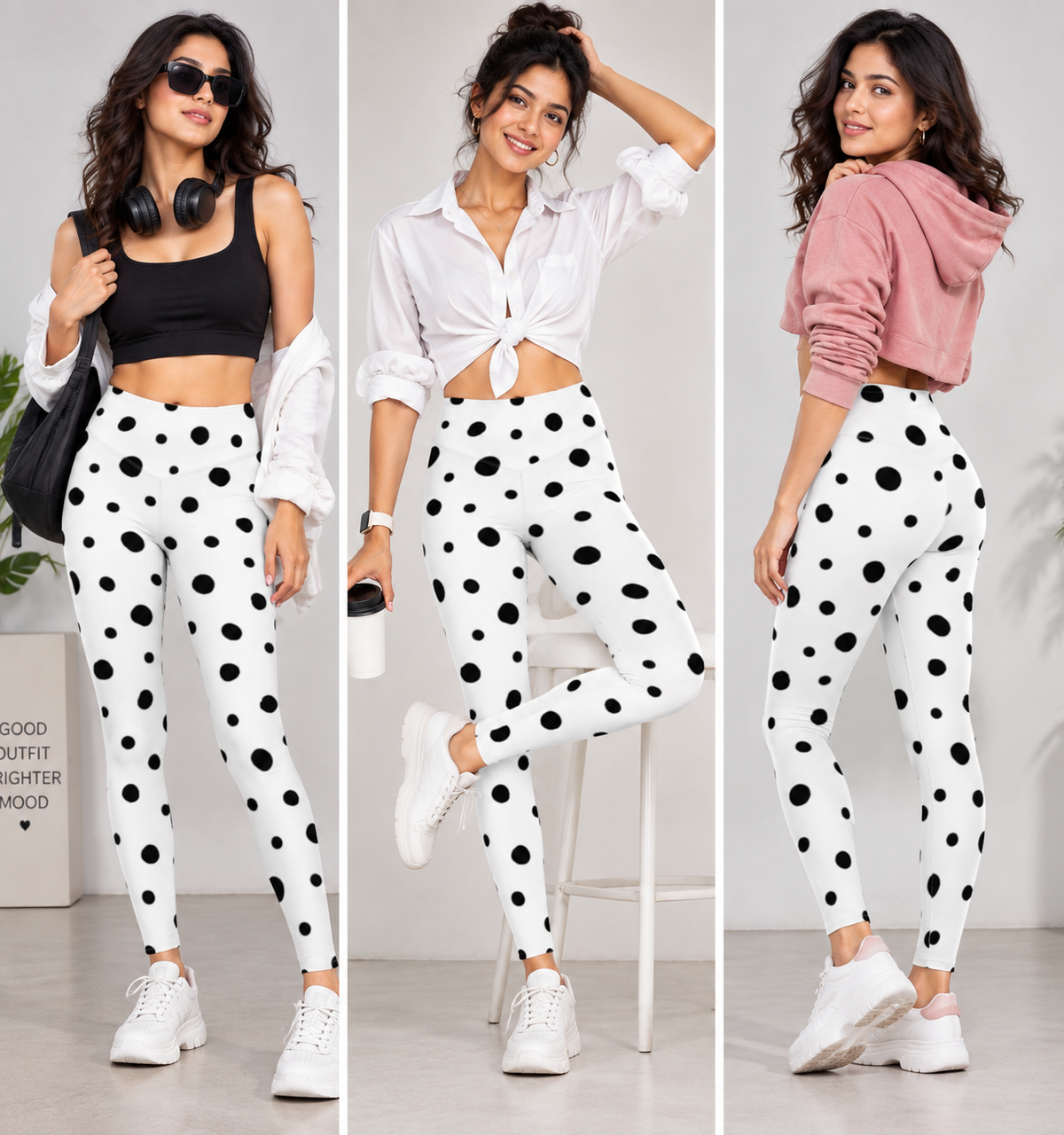 Black & White Polka Dot Leggings for Women – High-Waisted Printed Stretch Tight Pants