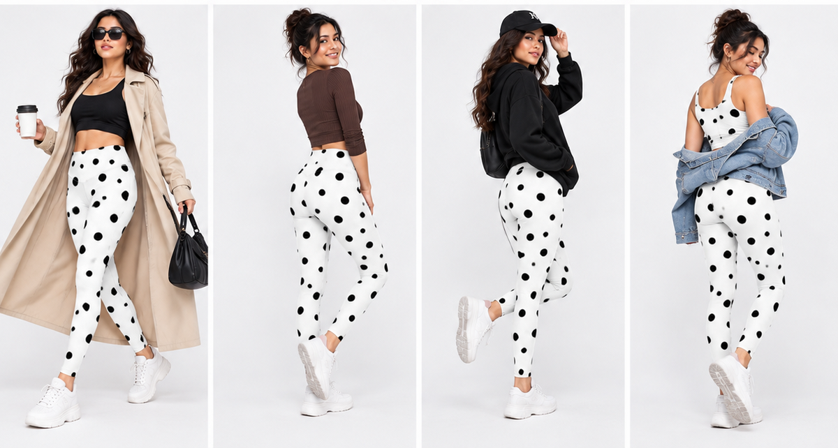 Black & White Polka Dot Leggings for Women – High-Waisted Printed Stretch Tight Pants