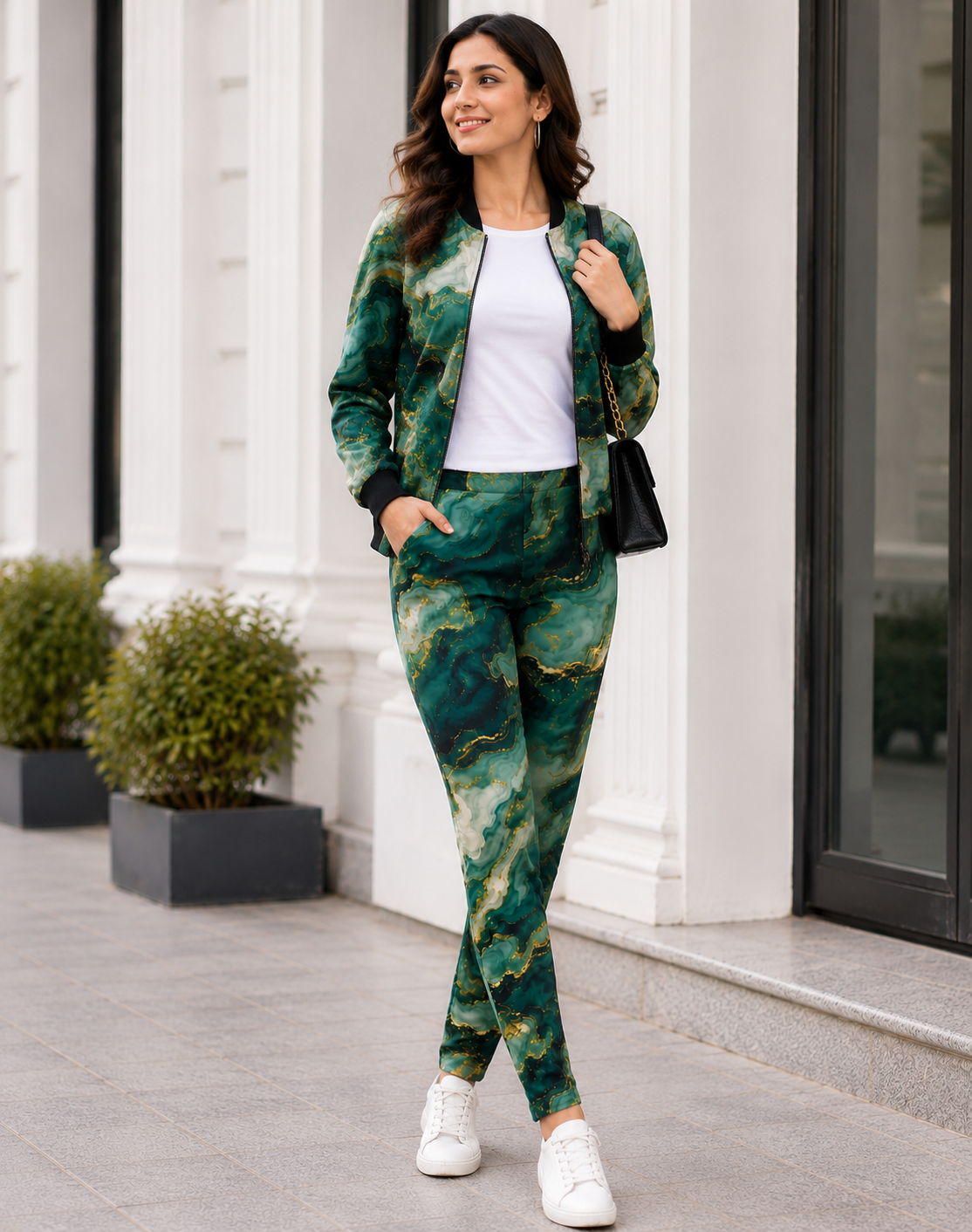 Women’s Green & Gold Marble Design Flight Bomber Jacket and Same Design Matching Stretchable Leggings - Western Wear - back view | Qikink