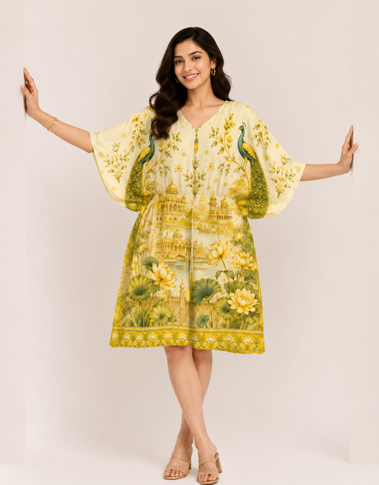 Royal Peacock Lotus Garden Multicolor Kaftan - Western Wear - front view | Qikink