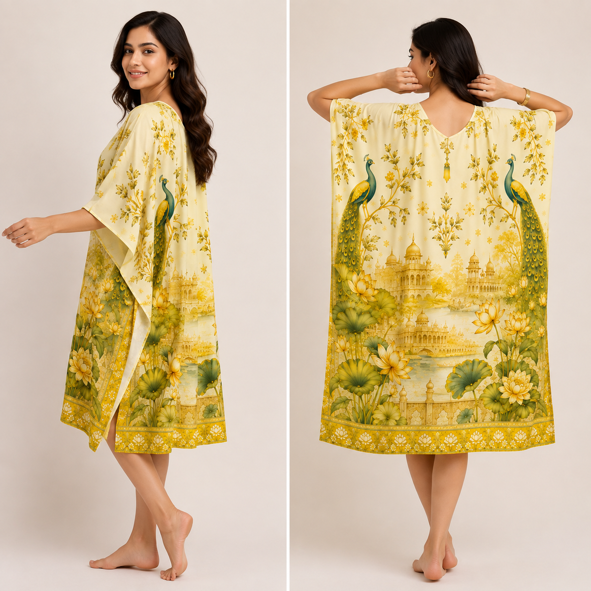 Royal Peacock Lotus Garden Multicolor Kaftan - Western Wear - close-up detail view | Qikink