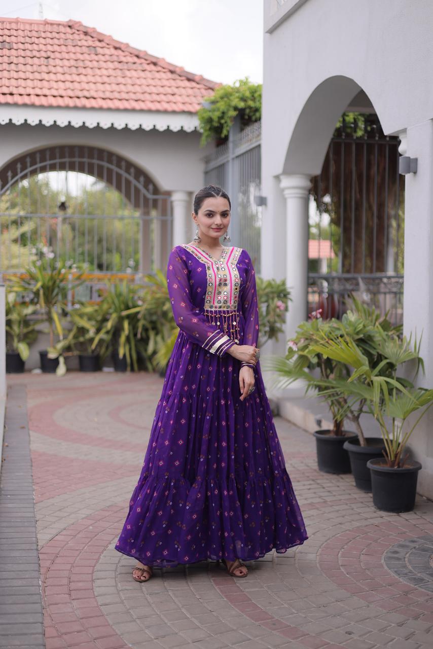 Royal Purple Laheriya Print Kutchi Patchwork Gown - Western Wear - front view | Nardev Fashions