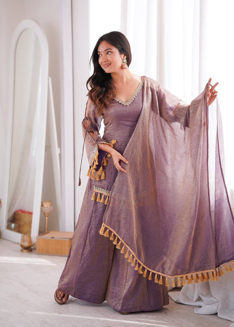 Mauve Doremon Crush Mirror Work Top with Palazzo & Dupatta - Western Wear - front view | Nardev Fashions