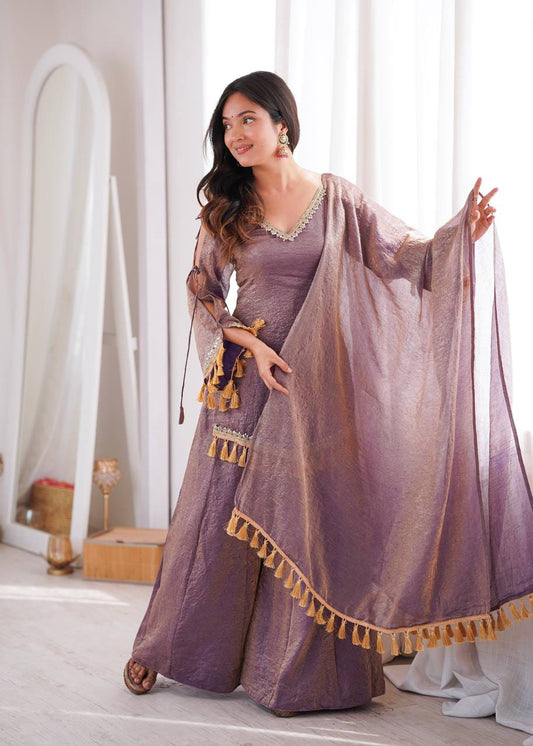 Mauve Doremon Crush Mirror Work Top with Palazzo & Dupatta - Western Wear - front view | Nardev Fashions