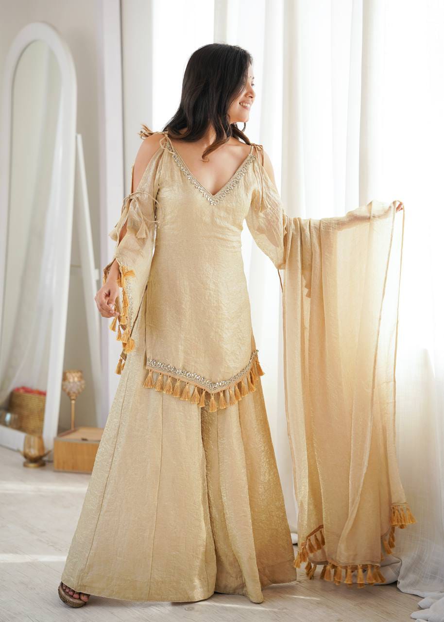 Champagne Gold Doremon Crush Mirror Work Top with Palazzo & Dupatta - Western Wear - close-up detail view | Nardev Fashions