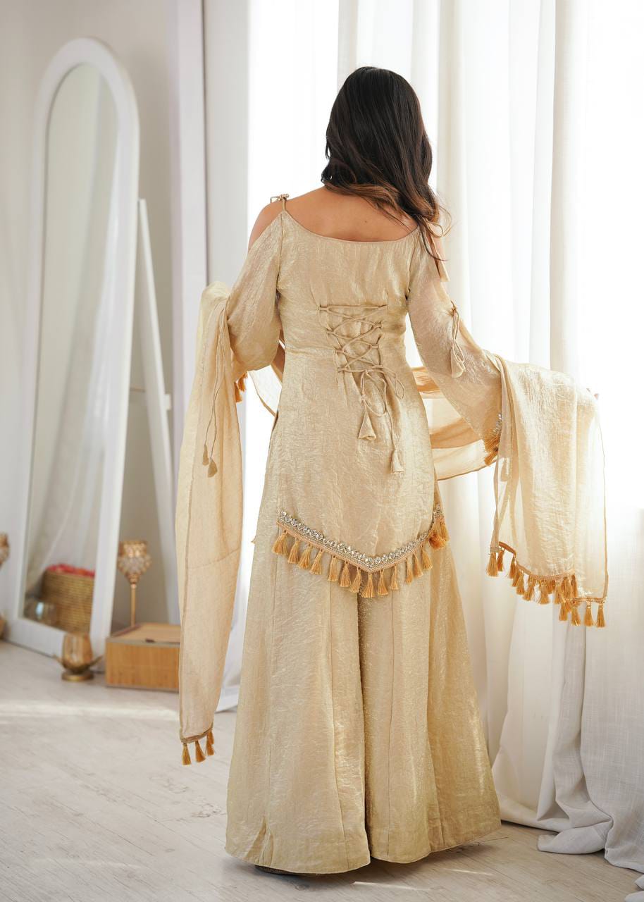 Champagne Gold Doremon Crush Mirror Work Top with Palazzo & Dupatta - Western Wear - back view | Nardev Fashions