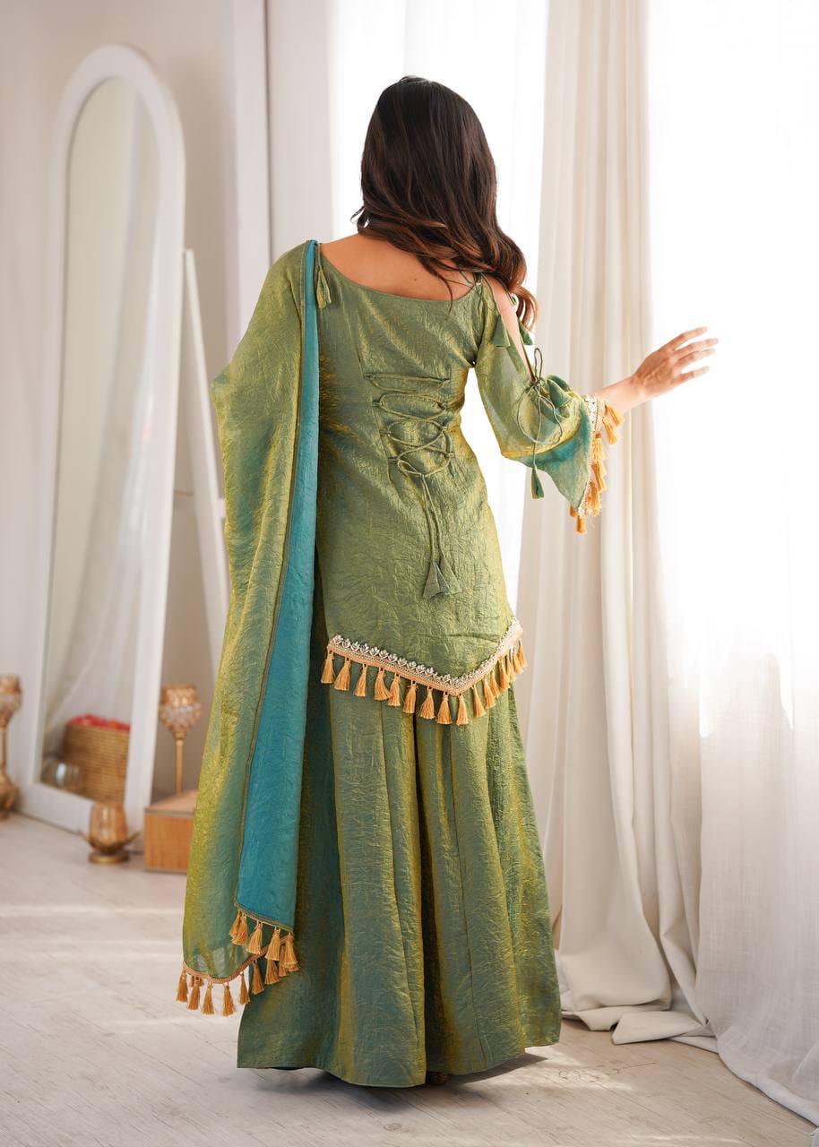 Olive Green & Teal Doremon Crush Mirror Work Top with Palazzo & Dupatta - Western Wear - close-up detail view | Nardev Fashions