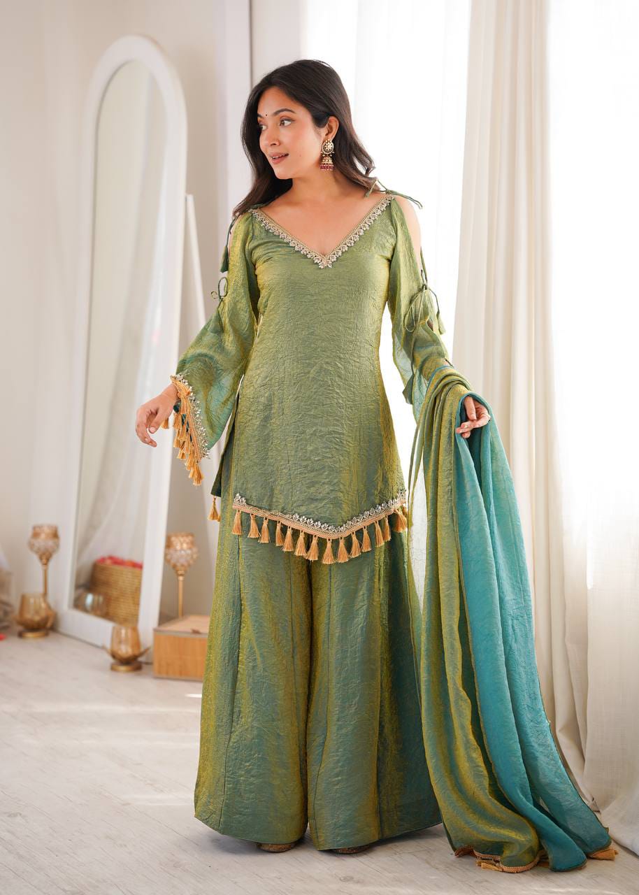 Olive Green & Teal Doremon Crush Mirror Work Top with Palazzo & Dupatta - Western Wear - front view | Nardev Fashions
