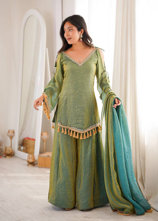Olive Green & Teal Doremon Crush Mirror Work Top with Palazzo & Dupatta - Western Wear - front view | Nardev Fashions