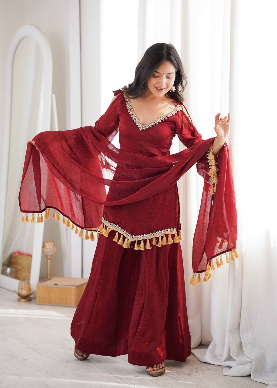 Deep Maroon Doremon Crush Mirror Work Top with Palazzo & Dupatta - Western Wear - front view | Nardev Fashions