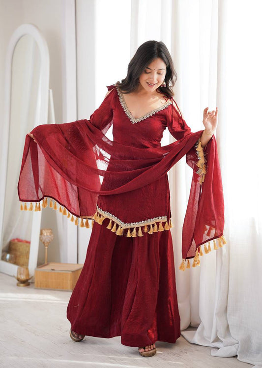 Deep Maroon Doremon Crush Mirror Work Top with Palazzo & Dupatta - Western Wear - front view | Nardev Fashions