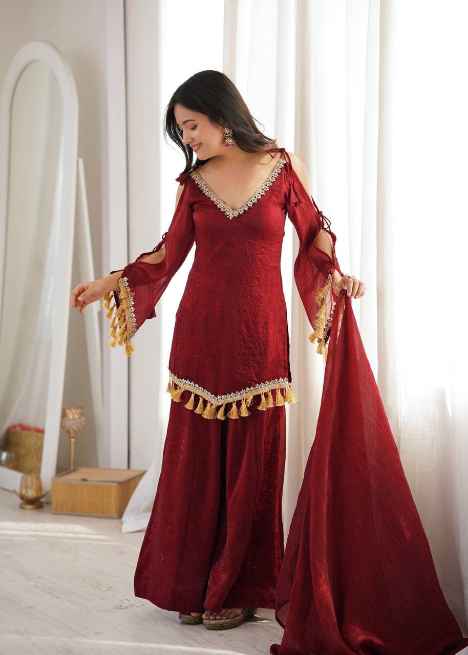Deep Maroon Doremon Crush Mirror Work Top with Palazzo & Dupatta - Western Wear - close-up detail view | Nardev Fashions