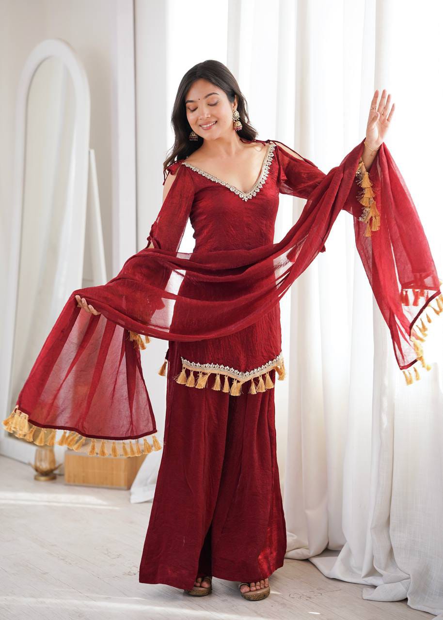 Deep Maroon Doremon Crush Mirror Work Top with Palazzo & Dupatta - Western Wear - back view | Nardev Fashions