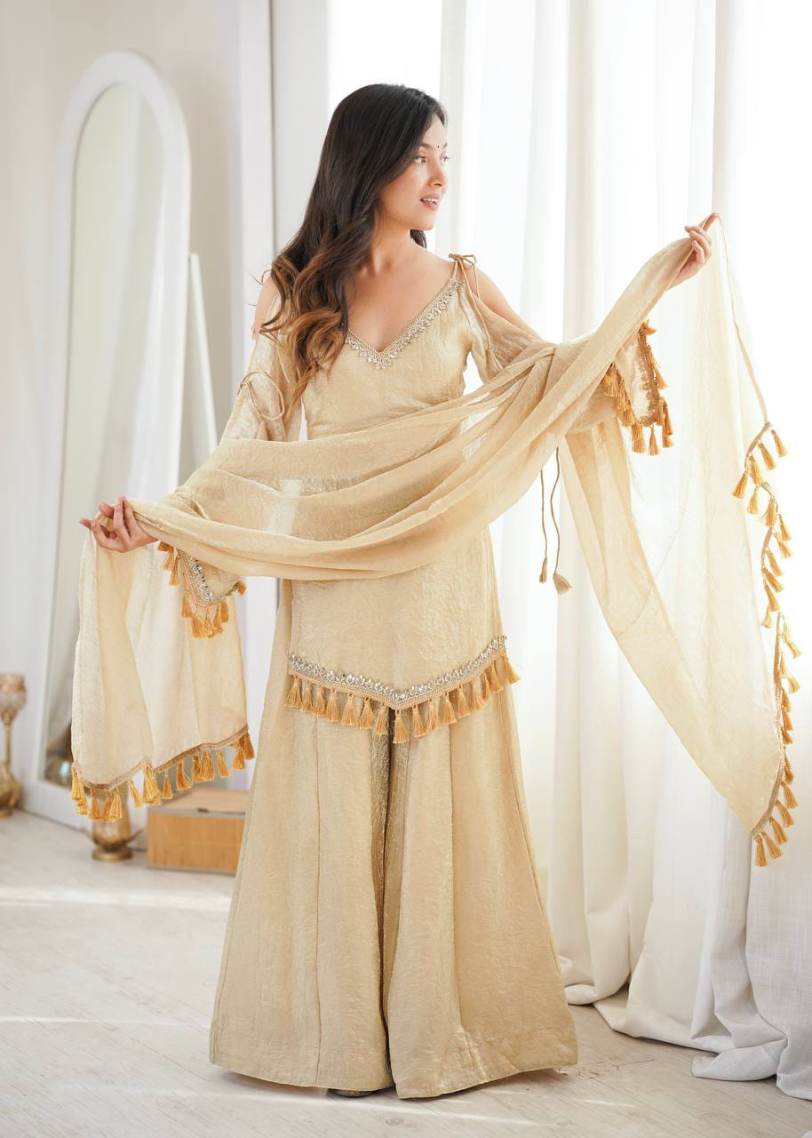 Champagne Gold Doremon Crush Mirror Work Top with Palazzo & Dupatta - Western Wear - front view | Nardev Fashions