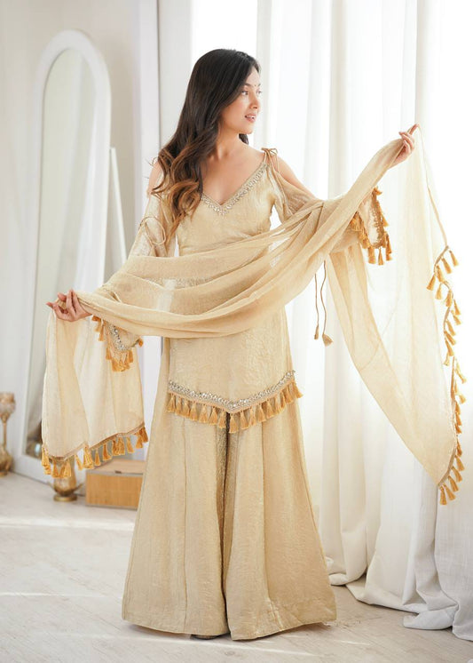 Champagne Gold Doremon Crush Mirror Work Top with Palazzo & Dupatta - Western Wear - front view | Nardev Fashions