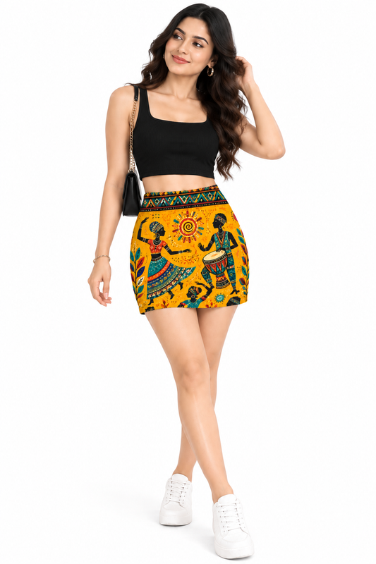 Women’s Tribal Folk-Art Printed Mini Skirt – Mustard Yellow Multicolour Statement Skirt