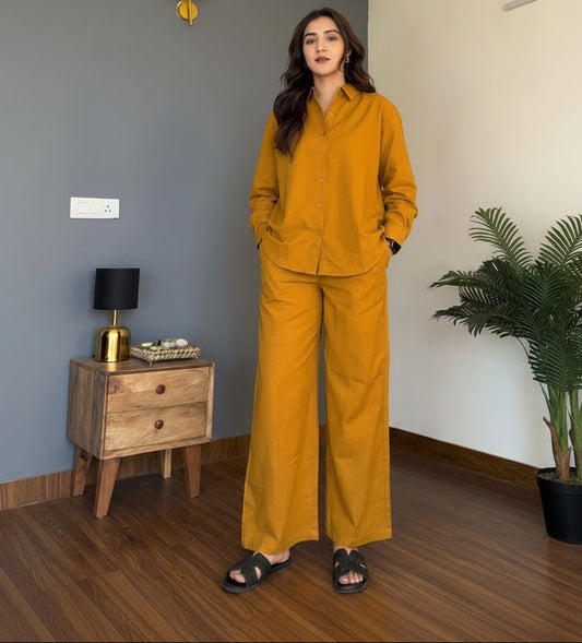 Yellow Cotton Co-ord Set – Casual & Office Wear with Button-Down Top & Pocketed Pants - front view | Nardev Fashions