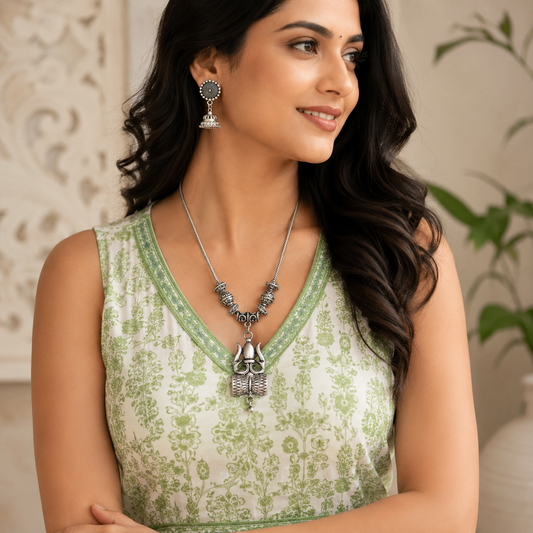 Women's Unique Oxidised Trishul Chain Necklace - front view | D9 Creations