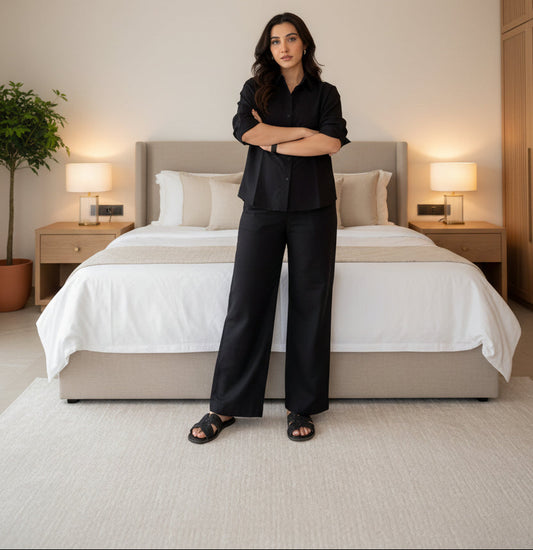 Black Cotton Co-ord Set – Casual & Office Wear with Button-Down Top & Pocketed Pants - front view | Nardev Fashions