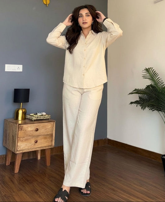 White Cotton Co-ord Set – Casual & Office Wear with Button-Down Top & Pocketed Pants - front view | Nardev Fashions