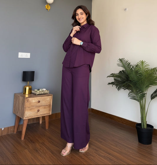 Violet Cotton Co-ord Set – Casual & Office Wear with Button-Down Top & Pocketed Pants - front view | Nardev Fashions